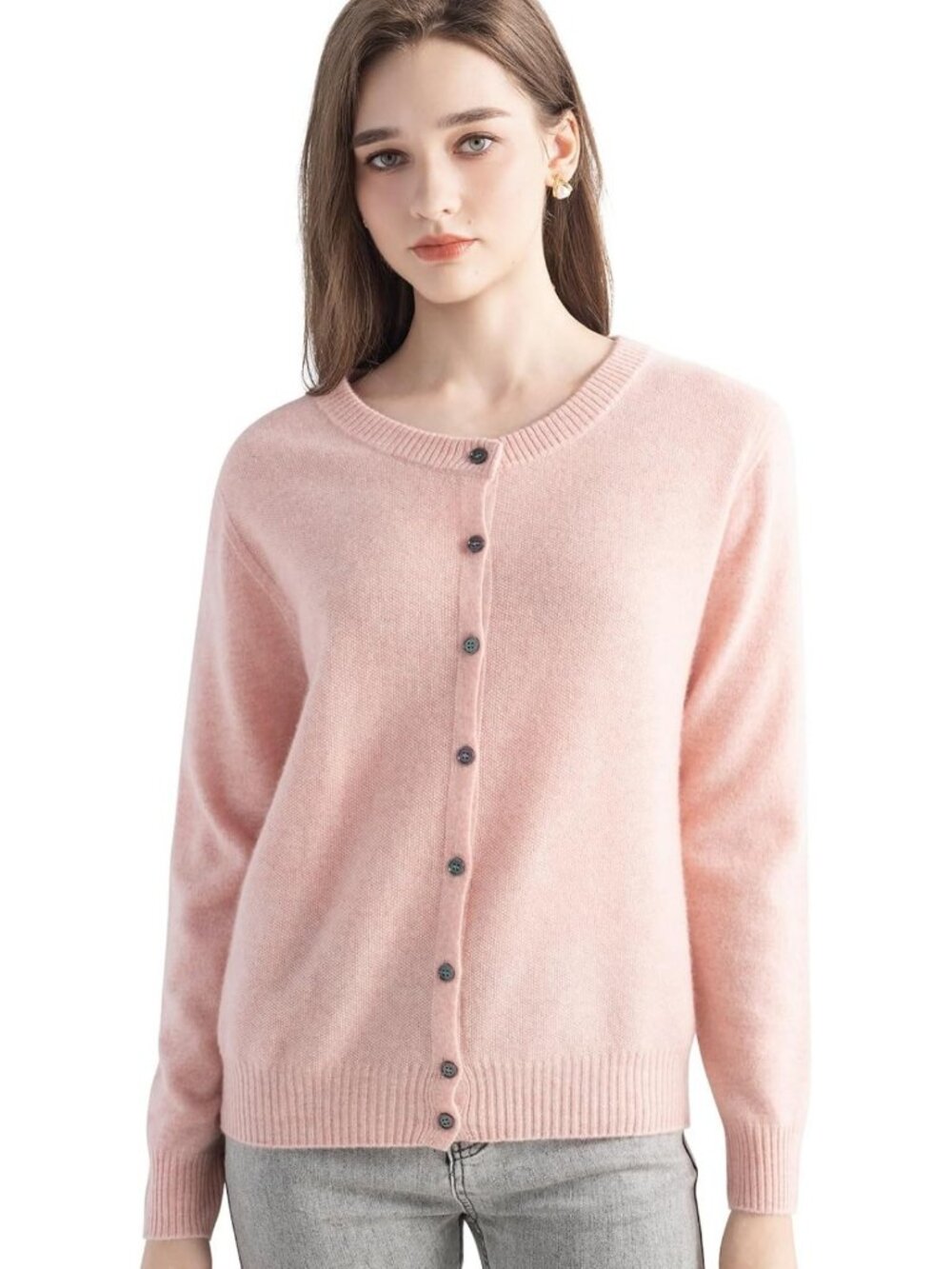 Cozy 100% Pure Cashmere Crew Neck Cardigan Sweater - Long Sleeve, Soft & Warm